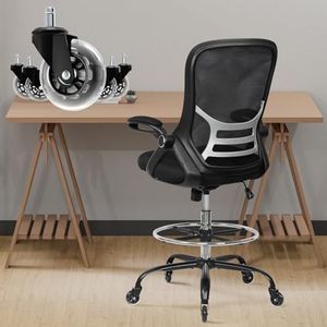 HYLONE Drafting Chair Tall Office Chair, High Ergonomic Standing Desk Computer Stools with Rubber Wheels, Flip-up Armrests, Adjustable Height and Foot-Ring, Comfortable Mesh Fabric, Black