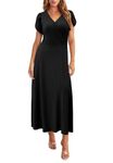 BETTE BOUTIK Womens Dresses Summer Casual V Neck Puff Sleeve High Waisted Party Dresses for Women with Pockets Black S