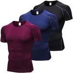 SPVISE Men's Compression Shirts Short Sleeve Workout Gym T-Shirt Running Tops Cool Dry Sports Base Layer Athletic Undershirts, 3pcs# Wine Red+navy+b Grey, Large