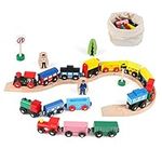 Jacootoys 31 PCS Wooden Magnetic Train Cars Set 15 Cars 10 Tracks with Storage Bag for Kids Toddlers, Compatible with Major Brands Train Tracks Set