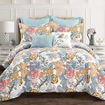 Lush Decor Sydney Comforter Set - Charming & Colorful Floral Leaf Design - 7 Piece Elegant Botanical Bedding Set with Euro Shams & Decorative Pillows - Full/Queen, Blue & Yellow