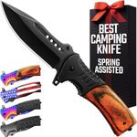 Spring Assisted Knife - 3.66" Sharp Blade - Tactical Pocket Knife for Men with Wood Handle Glass Breaker & Clip - Best Folding Knives for EDC Camping Survival for Dad Husband - Father Day Gifts 0207