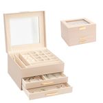 V-LAFUYLIFE Jewelry Storage Box with Glasses Lid, 3-Tiers Jewelry Organizer Box for Women Girls, Jewelry Case for Rings, Bracelets Earrings, Necklaces (Apricot)