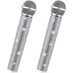 Threan 2 Pcs Fake Microphone Prop Mic Halloween Microphone Bling Rhinestones Plastic Play Microphone Pretend Glitter Bedazzled Microphones for Disco Stage Halloween Cosplay Party Supplies(Silver)