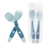 1Pair Baby Fork and Spoon Set, 360° Bendable Weaning Spoons Self Feeding Learning Silicone Baby Spoons, First Led Training Cutlery Set with Storage Case for Infant Toddler Children Kids(Blue)