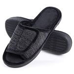 DL Adjustable Mens Slippers Memory Foam, Open Toe House Slippers for Men Comfy Indoor Outdoor, Cozy Breathable Slide Bedroom Velcor Slippers Size 7-14 Black Gray Navy Brown, Black, 9-10