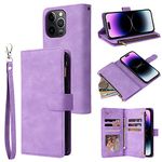 RANYOK Wallet Case Compatible with iPhone 14 Pro (6.1 inch), Premium PU Leather with RFID Blocking Card Slots Zipper Flip Folio Wallet Wrist Strap Magnetic Closure Kickstand Case-Purple