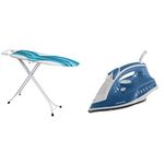 Mabel Home Adjustable Height, Deluxe, 4-Leg, Ironing Board, Extra Cover, Blue/White Patterned & Russell Hobbs Supreme Steam Traditional Iron 23061, 2400 W, White/Blue