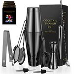 Koviti 12 Piece Cocktail Shaker Set, Stainless Steel Bartender Kit - 18 and 28 oz Shakers,Cocktail Strainer Set,Cocktail Muddler&Spoon,Measuring Jigger,2 Liquor Pourers,Ice Tong,Recipes Booklet(Black)