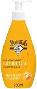 Le Petit Marseillais | Lait Soin Hydratant Nutrition Peaux Très Sèches (flacon-pompe de 250 ml) – Lait corps au beurre de karité, amande douce et huile d'argan – 24 h de confort cutané