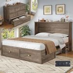 LUXOAK Queen Size Murphy Bed, Farmhouse Wooden Cabinet with Charging Station and Storage Drawer for Bedroom/Office/Guest Room, Grey Oak
