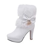 Women's Side Zip Sweet High Heel Boots Bow Ankle Bare Booties Platform Casual Mid Calf Boots, White, 5.5 M US