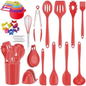 Set di utensili da cucina in silicone, 36 pezzi, resistente al calore, supporto incluso, set di coltelli da cucina rosso, utensili per cottura antiaderenti