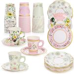 Yarlung 96 Pcs Paper Tea Cups and Plates, Disposable 9oz Teacups with Handle 6 Inch Saucers Sets for Tea Party Decorations, Birthday Favors, Floral 3 Designs