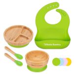 Bimba Bambino ® Baby Weaning Set | Bamboo Suction Plate, Bowl, Two Spoons and Silicone Bib, Sturdy and Safe Non-Toxic Natural Bamboo, Green