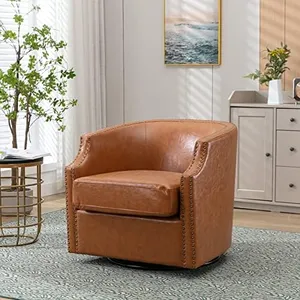 Olela Swivel Accent Chair Leather Fabric Barrel Reading Chair Modern Round Bucket Arm Chair Decorative Nailhead Corner Chair for Living Room Bedroom, Light Brown, No Assembly Required
