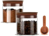 BOILMERIT 500ml Glass Coffee Canister with Wooden Lids and Scoop, Kitchen Coffee Container Set of 2 hold up to Total 12 oz of Coffee Bean, Airtight Food Storge Jars for Ground Coffee Bar Cereal Snack