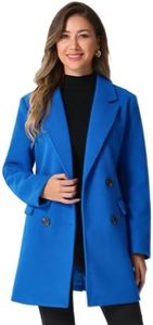 Allegra K Women's Notch Lapel Double Breasted Belted Mid Long Outwear Winter Coat Blue Medium