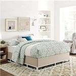 Classic Brands Venice White Metal Platform Bed Frame with Built-in Beige Upholstered Mattress Foundation, King