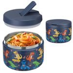 Pawtong 12oz Insulated Vacuum Food Jar with Buckle Lid Wide Mouth Soup Thermo for Hot Food Kids Leakproof Stainless Steel Lunch Container (Blue-Dinosaur)