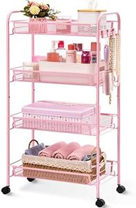 TOOLF 4-Tier Rolling Cart, Metal Utility Cart with 3 Hooks, Easy Assemble Mobile Storage Trolley On Wheels, Metal Shelving Units Kitchen Bathroom Laundry Room