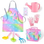 FIODAY Kids Gardening Set, Garden Tools for Kids with Watering Can, Shovel, Rake, Gloves, Waterproof Unicorn Apron with Pocket, Storage Bag and DIY Sticker Gardening Kit Gift for Girls