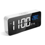 LATEC Digital Alarm Clock with Big LED Temperature Display Bedside Clock with 13 Alarm Sounds USB Charging Port 4 Levels Adjustable Brightness Dimmer Snooze Portable Mirror Alarm with Dual Alarm White