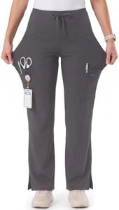 Wellhin Women's Yoga Scrub Pants Wide Leg Soft Stretch High Waisted Straight Uniform 5 Pockets Anti-Wrinkle Cargo Workwear Regular Charcoal Grey L