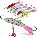 Sougayilang Ice Fishing Jigs, Winter Fishing Hard Lures with Treble Hooks, Red, Colors Fishing Bait Lure Kit in Tackle Box for Bass Pike Trout Walleye Saltwater Freshwater-5PCS