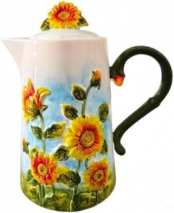 33.82oz /1L Ceramic Teapots for Tea,Dishwasher Safe Tea Pots for Loose Tea,Handmade Relief Painted Decorative Tea Pot Kettle,Coffee Pot (Sunflower)