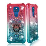 Zase Moto G Play 2021 Liquid Glitter Sparkle Bling Cute Girls Phone Case Design for Motorola G Play 2021 6.5-inch Floating 3D Butterflies Waterfall Quicksand w/Phone Ring Holder (Gradient Pink Aqua)