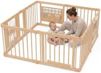 Avenlur Wooden Baby Playpen with Montessori Sensory Activity Panels – 63" x 63" Foldable Indoor Play Yard for Babies & Toddlers, Natural Wood