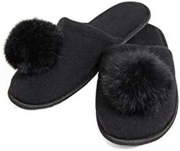 State Cashmere Unisex Slippers with Removable Fox Fur Pom-Pom 100% Pure Cashmere Memory Foam Non-Slip House Shoes (Black, Small)