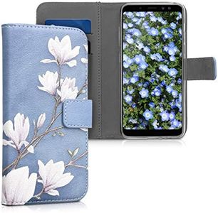 kwmobile Wallet Case Compatible with Samsung Galaxy A8 (2018) Case for Phone - Magnolias Taupe/White/Blue Grey