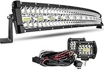 DakRide 32 Inch LED Light Bar 585W Curved Triple Row Flood Spot Combo Beam Offroad LED Bar 2Pcs 4 Inch 60W Led Pod Lights Fog Lights W/Wiring Harness-3 Leads for Trucks ATV UTV Polaris Jeep Boat