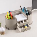 SPREAD SPAIN® Leatherite Multipurpose Desk Organiser, Office Supplies Desk Organizer and Accessories 3 Compartments and 2 drawer, Desktop Organization for Home, Office, School - Olive/Grey