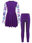 Hansber Kids Girls Rash Guard Swimsuit UPF50+ Long Sleeve Swim Dress with Pants Full Body Cover Beach Swimwear Purple 14 Years