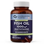 Carbamide Forte Fish Oil with Multivitamin and Omega 3 1000mg Capsules for Men & Women | Fish Oil And Multivitamin Combo with 30 Ingredients - 60 Softgel Capsules, 110 grams