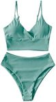 ZAFUL Women Tankini Set, Ribbed High Cut Surplice Swimsuit Bathing Suit with Spaghetti Straps (0-Light Green, M)