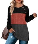 Aokosor Long Sleeve Tops Women Oversized Jumpers Ladies Button Side Splits Fall Tunic Color Block Size 22-24