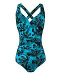 F FLYRONG FLYRONG Swimming Consume for Women V Neck One Piece Tummy Control Swimsuits for Women Swimwear, Large, Print- Palm Leaf