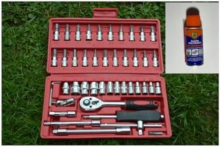 Genérico LLAVE DE CARRACA, JUEGO 46 PIEZAS, MALETIN, LLAVES DE VASO, JUEGO COMPLETO, LLAVES EXAGONALES, PUNTAS DESTORNILLADOR, (BOTE DE AFLOJALOTODO DE 100ML DE REGALO)