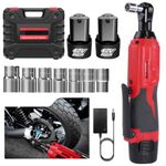 Huini 12V Cordless Ratchet Wrench, 3/8" Electric Ratchet Wrench Kit 40N.m, 300 RPM,Impact Drive Ratchet Rattle Nut Gun with 2 x Lithium-Ion 1.5Ah Battery and Fast Charge,7 PCS Sockets,Red/Black