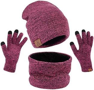 MAYLISACC Winter Knit Hat Glove Scarf Set for Women, Thermal Beanie Neck Warmer and Touchscreen Gloves 3 Pcs Combo Purple Rose