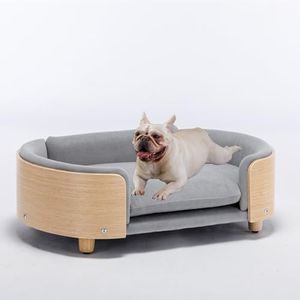 Pet Sofa, Velvet Cushion Dog Bed with Solid Wood Legs and Bent Wood Back Plywood Elevated Cat Couch for Medium Dogs, Cats-Light Grey