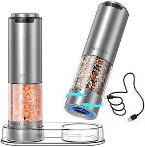 CIRCLE JOY Rechargeable Electric Salt and Pepper Grinder Set with Base, Stainless Steel Pepper Mills with 95ml Container, White LED Light and External Adjustable Coarseness, Silver