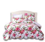 DaDa Bedding Romantic Roses Floral Bedspread Set - Lovely Spring Pink & White Scalloped Colorful Lightweight Breathable - Bright Vibrant Quilted Coverlet w/Pillow Shams - King - 3-Pieces