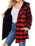 Hotouch Women's Flannel Shirts Plaid Button Down Coats for Women Fleece Lined Long Sleeves Hood Shacket Black and Red S