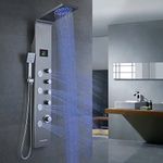 ROVATE Modern LED Shower Panel Tower System with Rainfall Shower Head, Multi-Function Stainless Steel Shower Tower Rain Massage System with Powerful Body Jets, Shower Wand, Tub Spout(Brushed Finish)