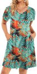 HOTOUCH Hawaiian Dresses for Women Floral V Neck T Shirt Dress Summer Dresses Casual Beach A-Line Mini Swing Dresses Sundress with Pockets Blue Red Leaves S